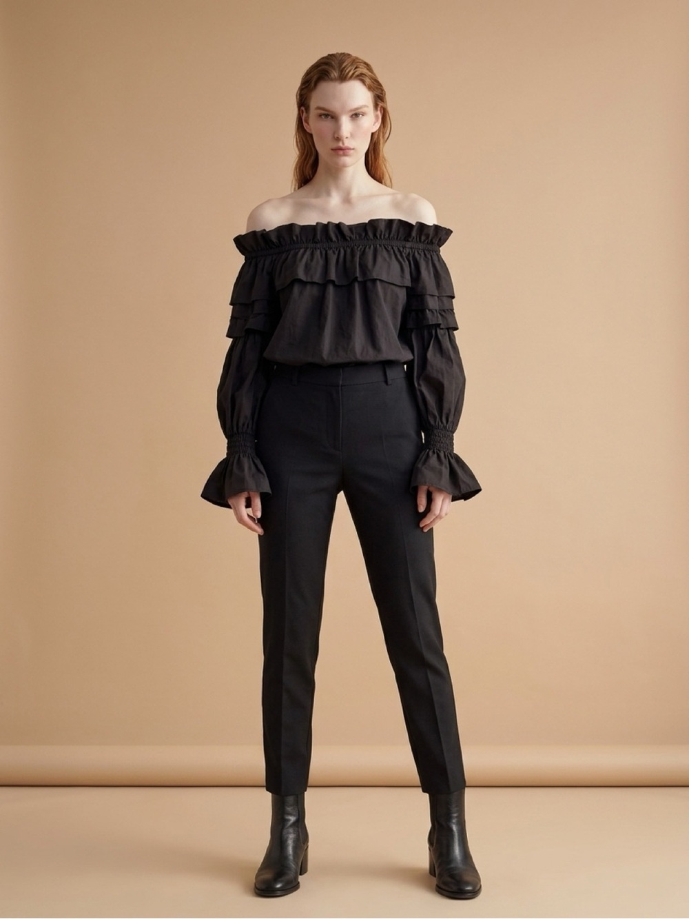 Luisa Spagnoli Black Off-Shoulder Ruffled Blouse
